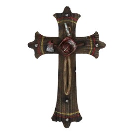 Ebros Gift 12" H Rustic Western Fire Department Tools Of The Trade Fireman Axe Helmet Water Hose Faux Wood Planks Wall Cross Decor Plaque Fire Fighter Inspirational Christian Themed Accent