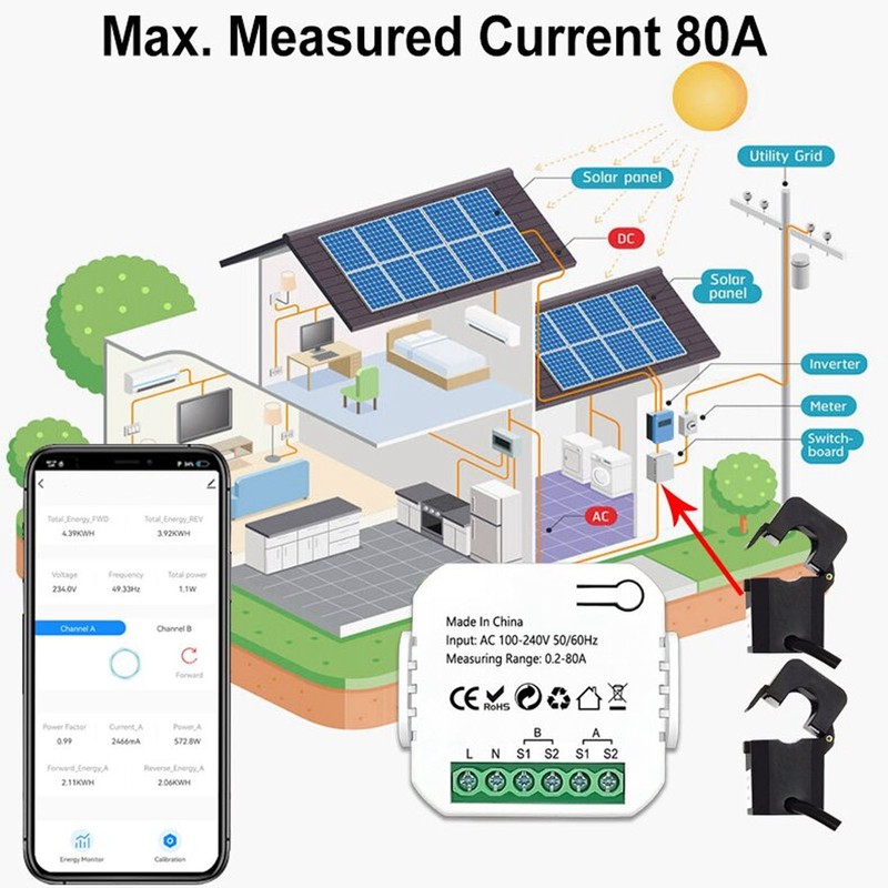 WiFi Smart Energy Monitor Single Phase Clamp Electricity Meter 100‑240V