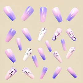 Medium Press on Nails Purple Gradient Fake Nails Coffin Shaped Glue on Nails Spring Summer False Nails with Plant Flower Pattern Designs Reusable Acrylic Artificial Nails for Women 24Pcs