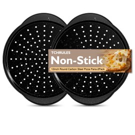 tchrules 2 Pack Pizza Pan 12 Inch with Holes&Handle, Non-Stick Carbon Steel Pizza Tray for Oven, Rust-Proof, Dishwasher-Safe, for Cooking, Baking, and Grilling (2, 12inch)