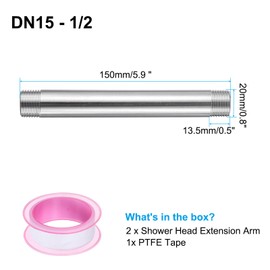 uxcell 2pcs Shower Head Extension Arm 150mm(5.9") Length Stainless Steel Shower Head Extender Straight Pipe Fitting Pipe Extension with PTFE Tape, Silver Tone