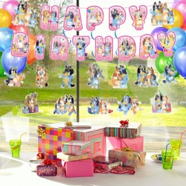 Birthday Party Decoration, Pink Dog Bulu Happy Birthday Banner Bunting Garland and Hanging Swirls Decorations for Kids Birthday Theme Party Supplies Decorations