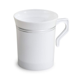 " OCCASIONS " 60 Mugs Pack, Heavyweight Disposable Wedding Party Plastic 8oz Coffee Mugs/Tea Cups/Cappuccino Cups/Espresso Cup with Handles (8 oz Mugs, White & Silver Rim)