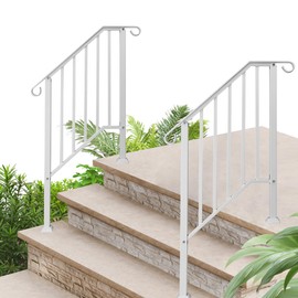 2 Pack 3 Step Handrails for Outdoor Steps, Fits 2 or 3 Steps Wrought Iron Stair Railing, Metal Hand Rail with Installation Kit, Staircase Handrails for Porch, Deck, Concrete, Exterior Steps, White