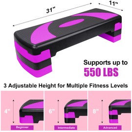 Exercise Workout Aerobic Step Platform Trainer, 31" Aerobic Stepper with 4"-6"-8" Adjustable Height Risers (Purple)