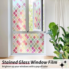 rabbitgoo Window Privacy Film, Stained Glass Window Film Decorative, Frosted Glass Privacy Covering Vinyl, Non-Adhesive Static Cling Tint Sun Blocking for Home Door, Multicolor, 17.5" x 78.7"