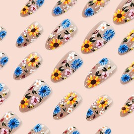 Spring Summer Press On Nails 24Pcs Medium Almond Fake Nails With Flower Daisy Designs Full Cover Glue On Acrylic False Nails Cute Floral Stick On Nails for Women and Girls