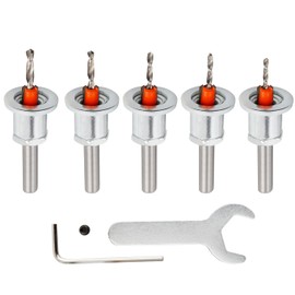 Mesee 5 Pieces Countersink Drill Bits with Depth Stop, 8mm Round Shank Limit Taper Hole Countersink Bit Cone Drill Counterbore Router Bits Depth Adjustable Counter Sink Woodworking Router Bit Set