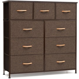 Crestlive Products 9-Drawer Extra Wide Fabric Dresser Clothes Storage Tower - Sturdy Steel Frame, Wood Top, Easy Pull Bins, Wood Handles - Organizer Unit for Bedroom, Hallway, Entryway, Closets(Brown)
