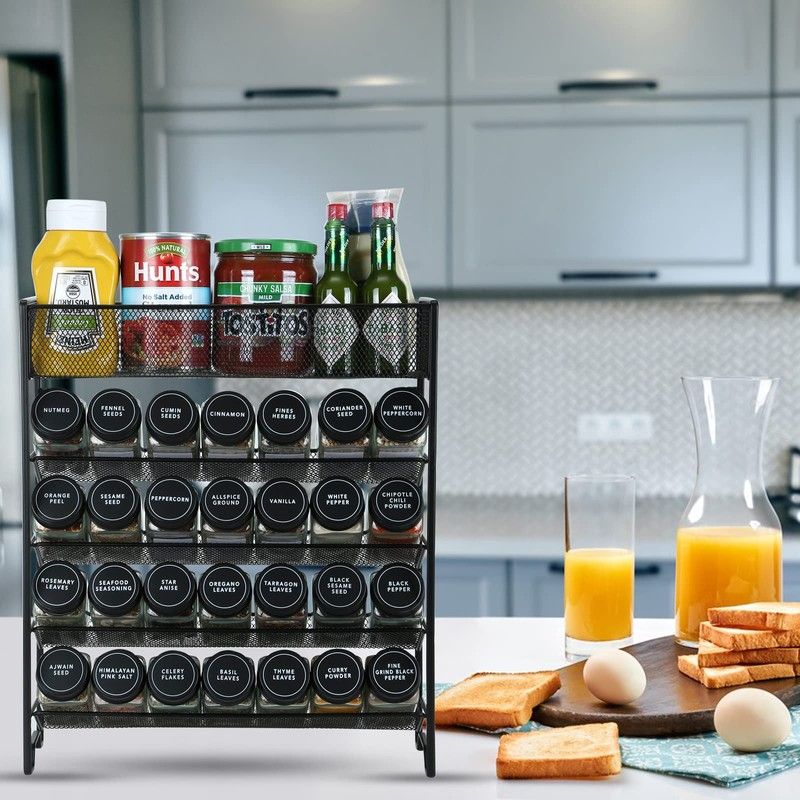 Skiileor Spice Rack Organizer with 28 Spice Jars, Black Lids，Spice