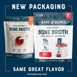 Bare Bones Beef Bone Broth Instant Powdered Mix | Rich Savory Packets on-the-Go No Artificial Flavors | Keto & Paleo Friendly | 10g Protein | 16 Pack