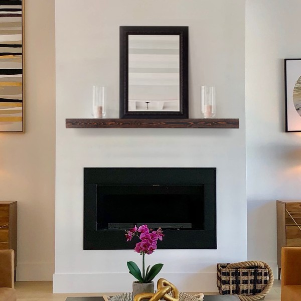 Fireplace Mantel | 48" W Wood Floating Shelves | Handcrafted Hollow Distressed Beam | Wall Mounted Wooden Display Shelfing | with Invisible Heavy Duty Metal Bracket | 48W x 3H x 8D, Dark Walnut