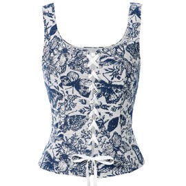 Renaissance Corset Top for Women Vintage Floral Medieval Renaissance Costume Women Drawstring Vest Bodice Blue Butterfly Large