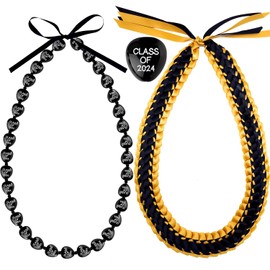 2 Pieces Class 0f 2025 Kukui Nuts Lei Necklace Graduation Ribbon Double Braided Necklace Ribbon Bow Closure Class of 2025 Grad Gifts for High School College Graduation Party Accessories (Gold)