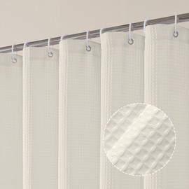 OVZME Cream Shower Curtain Set, Waffle Textured Heavy Duty Fabric Shower Curtain for Bathroom, Luxury Hotel Weighted 230GSM Bath Curtain with 12 Plastic Hooks, Machine Washable, 72x72