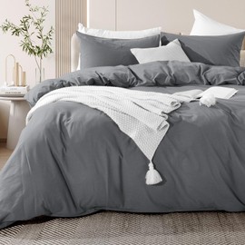 NEXHOME PRO Cotton Duvet Cover Queen Size Linen Look Textured Organic Natural 100% Washed Cotton Duvet Cover 3 Pieces Bedding Set with Zipper Closure, Breathable, Soft, Grey (No Comforter)