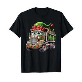 Funny Dump Truck Elf Christmas Tree Lights Womens Mens Kids T-Shirt