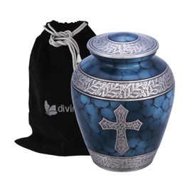 Divinityurns Elite Cross Cloud Cremation Urn - Large Adult Urn - Urn for Ashes - Handcrafted Affordable Urn for Human Ashes with Velvet Bag (Blue Cross)
