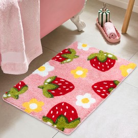 Homantic Pink Bathroom Rugs Strawberry Bathroom Decor Cute Bath Mat, Pink Bathroom Accessories Flower Bathroom Rug Bathmat for Floor, Cute Bath Rug for Sink Bathtub Shower 18"x26"