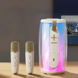 K9 Wireless Speaker, with 2 One Microphone, Colorful LED Light, Portable Outdoor 3D Stereo Bass Luminous Speaker, Ambience Light Color Changing - Color: White
