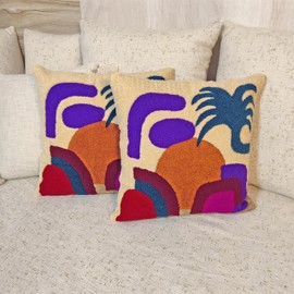 SHIVCASA Decorative Throw Pillow Covers 18x18 Inch – Boho Farmhouse Cushion Covers for Couch Sofa Living Room – Cotton Viscose Abstract Pattern – Hand Embroidered – Zipper Closure – Set of 2