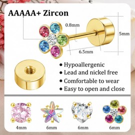 Tupmi 4Pairs Hypoallergenic Earrings for Women 316L Surgical Steel Heart Flower Star CZ Screw Back Stud Earrings 20G Flat Back Cartilage Earrings Set for Sensitive Ears (Gold)