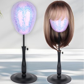kelukeya Adjustable Wig Head Stand for Hat and Wig Display, Shining sequins Mannequin Head Stand with Retractable Metal Base for Styling and Display (Sparkling purple)