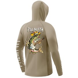 Palmyth Fishing Shirts for Men UPF 50+ Sun Protection Hoodie Long Sleeve with UV Vented Neck Gaiter Khaki Trout Banjo Large