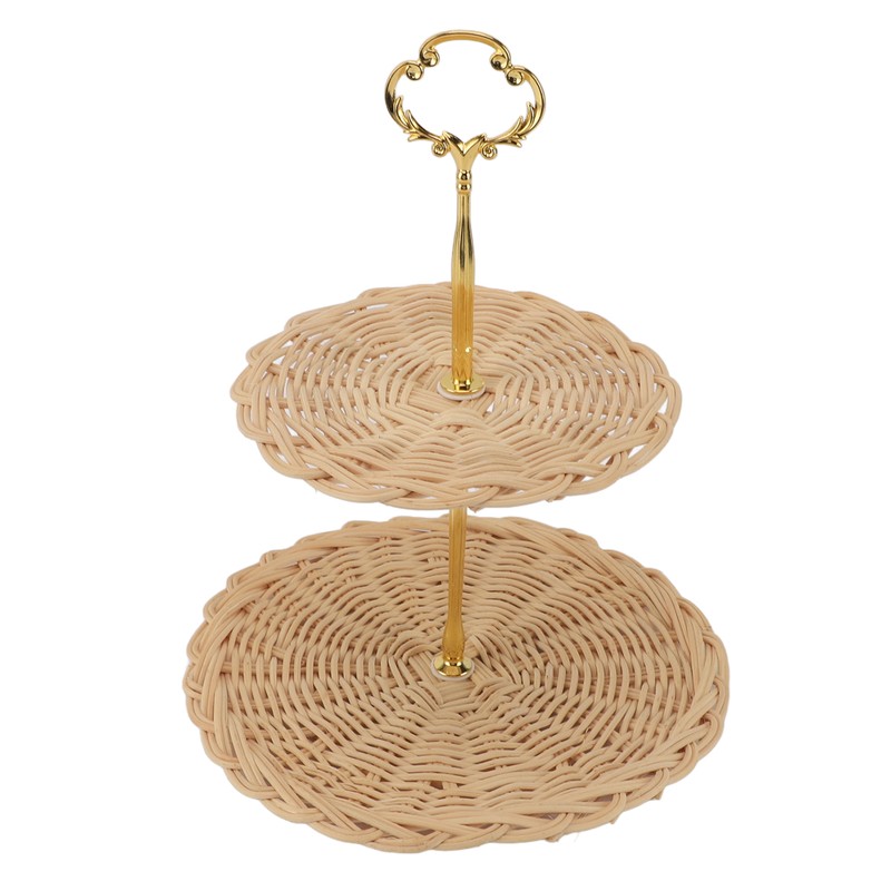 2 Tier Rattan Serving Standing Trays Round Woven Bread Fruit