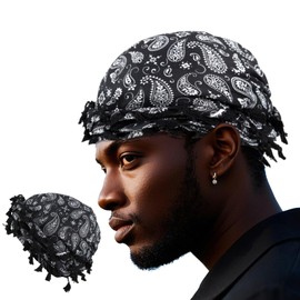 Turban for Men, Paisley Turban Durags with Tassel, Satin Lined Head Wraps, Vintage Pre-Tied Tassels Braid Bonnet Durag (Black)