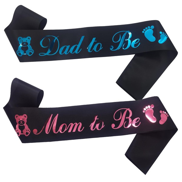 2PCS,Mom to Be & Dad to Be Sash Set,Black Satin with Pink and Blue Letters,Baby Shower Decorations Supplies for Mother Father Gifts,Gender Reveal Party Boy or Girls