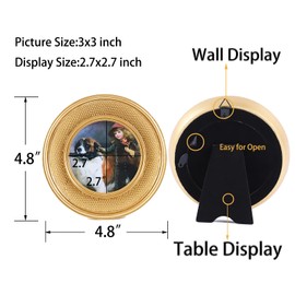 Kangce Vintage Gold Picture Frame 3x3 - Antique Small Round Frame with Beaded Border - Ornate Tabletop and Wall Mount for Old Fashioned Gallery Wall Art