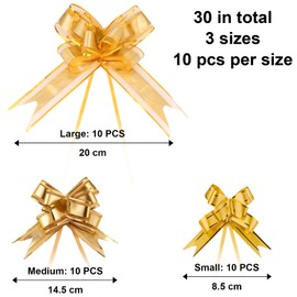 30 Pcs Pull Bows, Large Medium Small (7.9 Inch, 5.7 Inch, 3.3 Inch) Gold Wrapping Pull Bow Ribbon for Gift Basket Wrapping, Hamper Making, Party Decorations Wedding Flower Birthday Gift Decorations