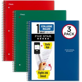Five Star Spiral Notebooks + Study App, 3 Pack, 1-Subject, College Ruled Paper, 100 Sheets, 11" x 8-1/2", Forest Green, Fire Red, Pacific Blue (820189-ECM)