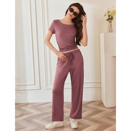 Ekouaer Women's 2 Piece Sets Outfits Short Sleeve Wide Leg Tracksuits Casual Lounge Set Matching Sets with Pockets