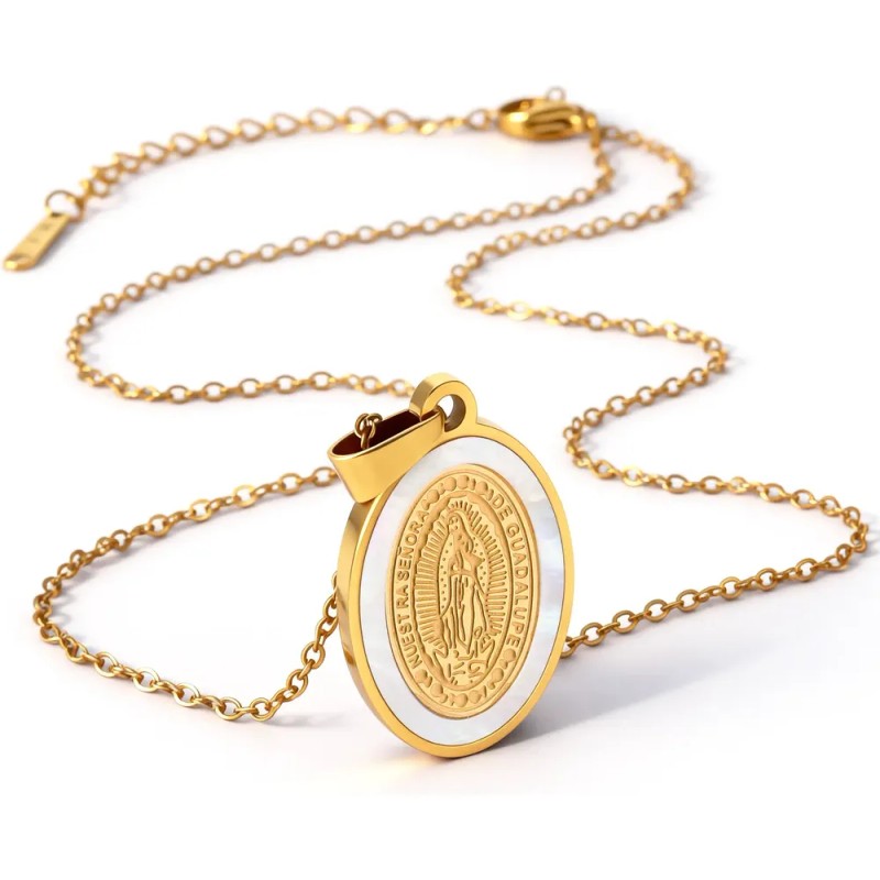 Collar Virgen Perla Real Regalo Mama Esposa Acero Chapa 18k