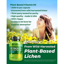 NATURELO Vitamin D - 2500 IU - Plant Based from Lichen - Natural D3 Supplement for Immune System, Bone Support, Joint Health - Vegan - Non-GMO - Gluten Free - 180 Mini Capsules