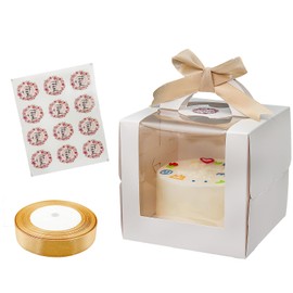 Savveffort 12 Set 6x6x6 Inches Cake Boxes with Boards-（12 Boxes with Handles & 12 Borads & 70ft Silk Ribbon and 12Pcs Stickers）