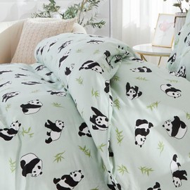 Brandream Kids Duvet Cover Full Size 100% Muslin Cotton Panda Green for Girls Boys Cute Bedding Set 3 Pcs Ultra Soft Breathable Toddler Teen Children Patterned Cartoon Comforter Cover