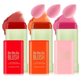 3 Colors Blush Stick with Makeup Sponges,Matte Solid Cream Blush,Multi-Use Blush Stick for Cheeks,Lips and Eye,High Pigmented Makeup Sticks Set A