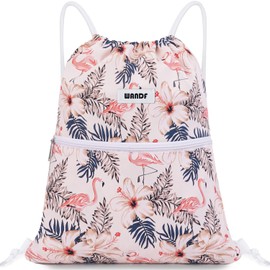 Drawstring Backpack String Bag Sackpack Cinch Water Resistant Nylon for Gym Shopping Sport Yoga by WANDF (Pink Flamingo)