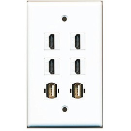 RiteAV - 4 HDMI and 2 USB A/A Port Wall Plate White