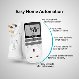 NOVKIT Digital Security Timer Plug Socket Programmable Switch Timer with 10 ON-Off Programs and Random Mode for Home and Indoor (230V, 13A, 2900W, 1 Pack)
