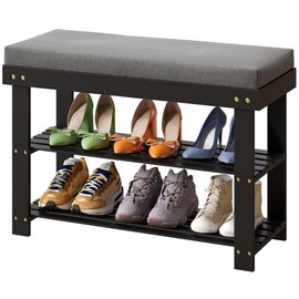 kiplant Shoe Rack Bench, 3-Tier Bamboo Shoe Rack with 1.6" Thick Padding, Stable Shoe Organizer for Entryway, Living Room, Bench Seat Holds Up to 330 lb