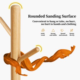 Aibiju Coat Rack Freestanding, Coat Tree With 8 Hooks and 3 Height Options, Wood Coat Hanger Stand, Clothes Tree Easy to Assemble Suitable for Kids, Bedroom Office Entryway Natural YD-1004