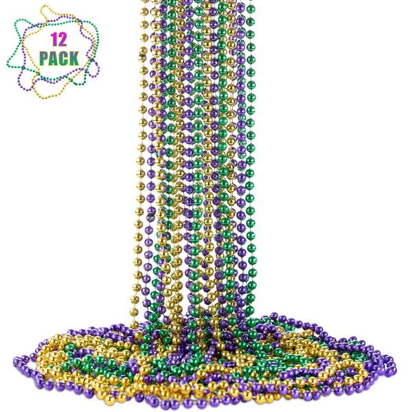 FAVONIR Mardi Gras Assorted Beaded Necklace 12 Pack of Metallic Round Multi Colors Costume Necklace Accessory 33 Inch 7 mm– for Events and Party Favor Novelty