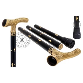 Wooden Walking Stick Cane Golden Brass Handle with Brass Inlay on Black Wooden Shaft - Fashionable Victorian Cane - Stylish Gift Idea for Men and Women