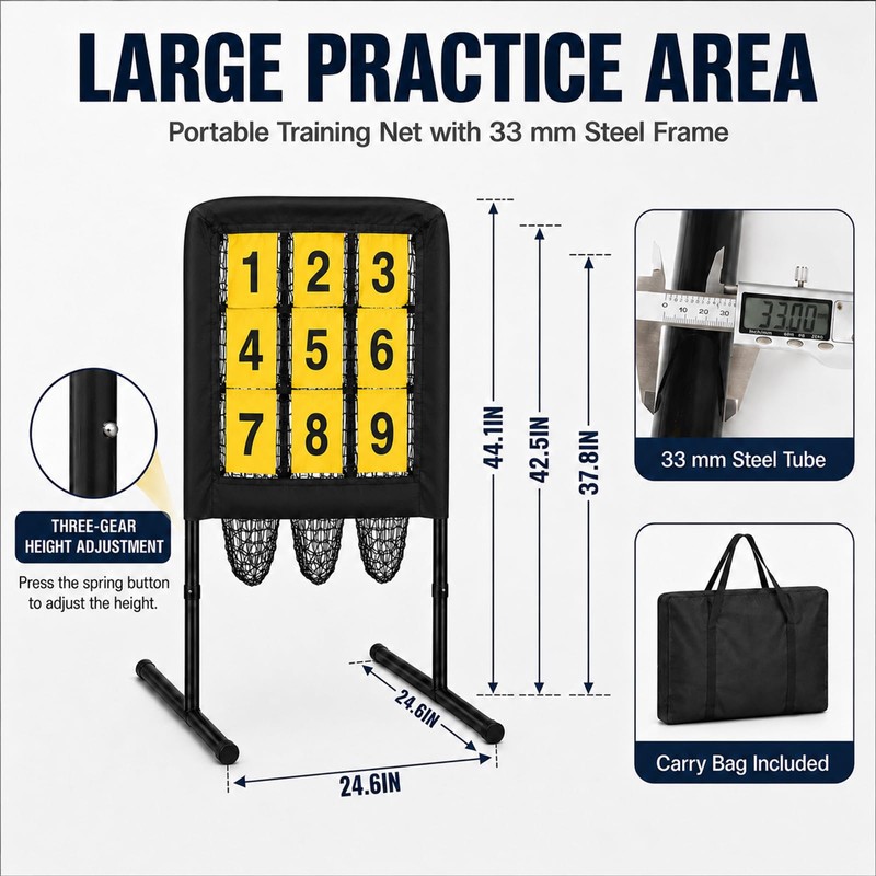 Malletra 9 Hole Baseball Pitching Net with Pitching Target, Adjustable