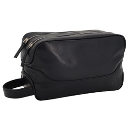 GERMANUS Black Leather Toiletry Bag, black, Toiletry bag with zips
