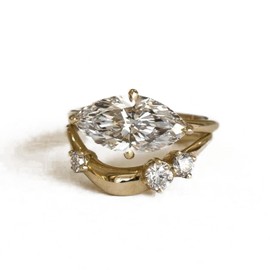 NAVISAFIRA Full Moissanite 1CT Marquise Cut 2pcs Ring Sets S925 Sterling Silver Contoured Band Asymmetric 3 Stones Stackable Bridal Women, 5, Silver, Moissanite